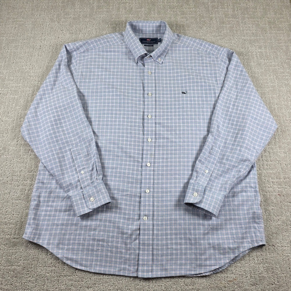 Vineyard Vines Whale Shirt Mens XXL Blue Pink Plaid Cotton Flannel Button Down
